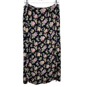 MARINA LUNA / black pink dark floral 100% wool midi skirt / L